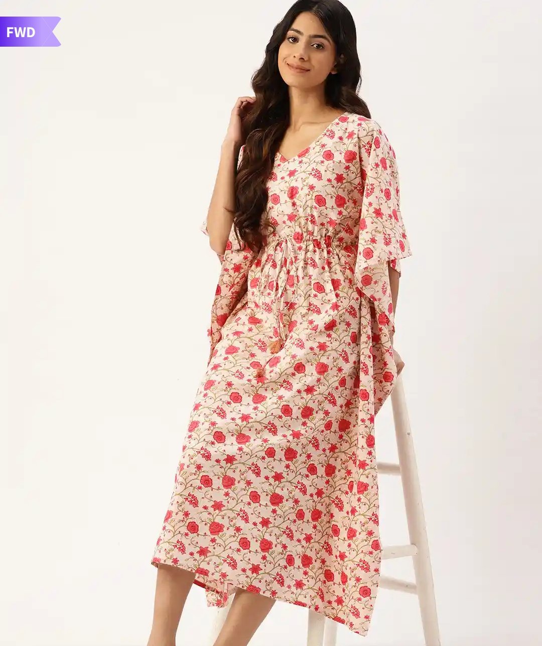 Jaipuri Floral Print Long Cotton Kaftan Dress