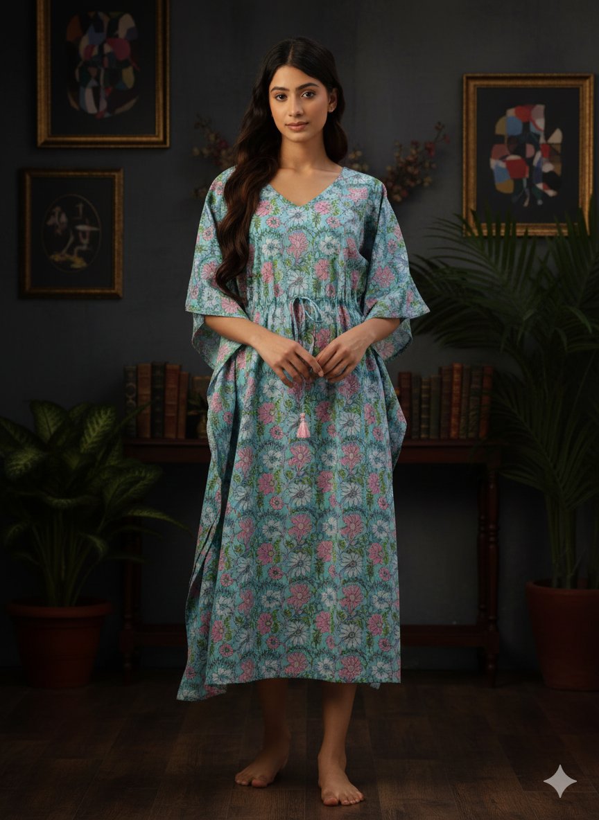 Sky Blue Floral Print Cotton Long Kaftan Dress