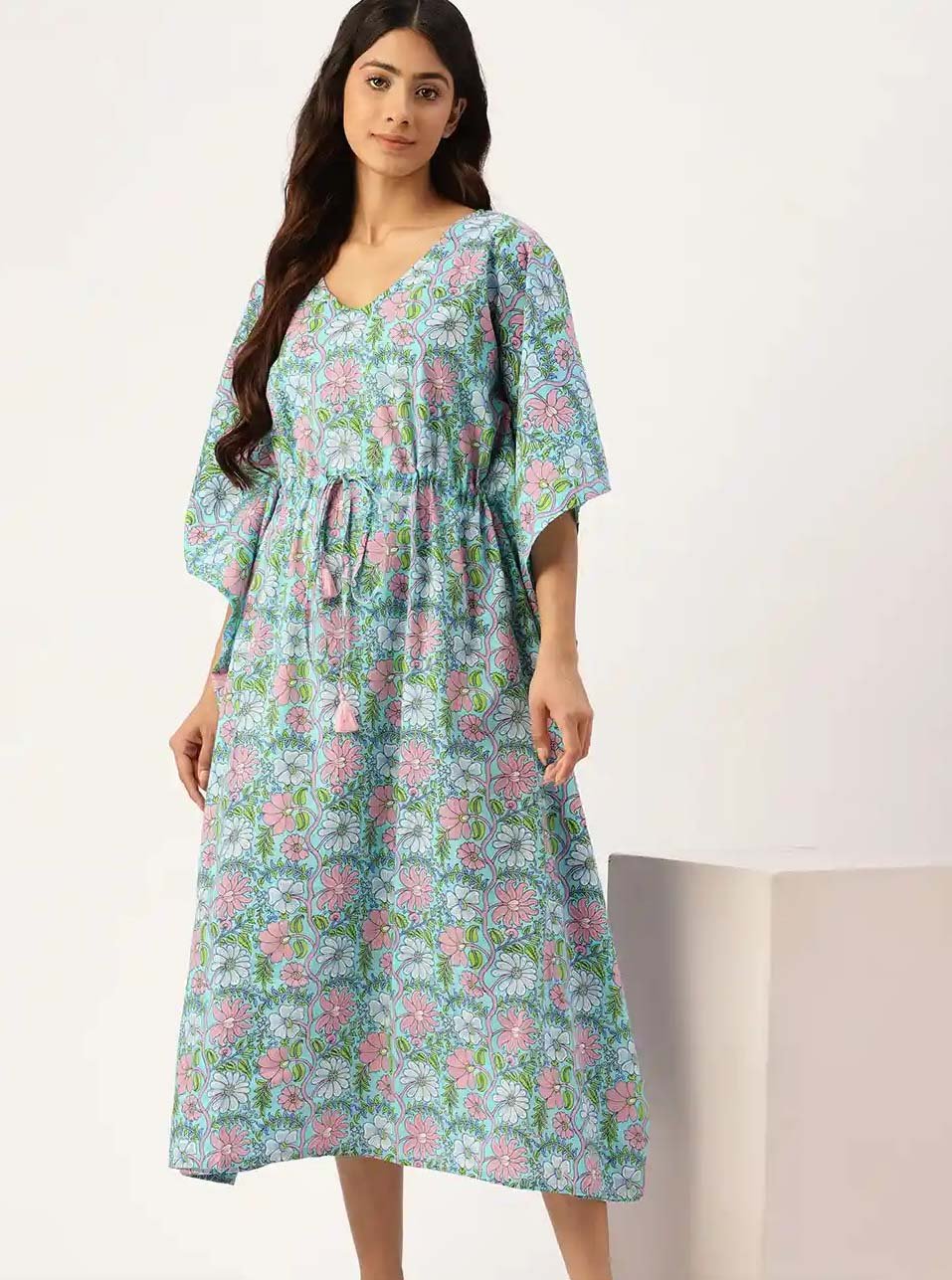 Sky Blue Floral Print Cotton Long Kaftan Dress