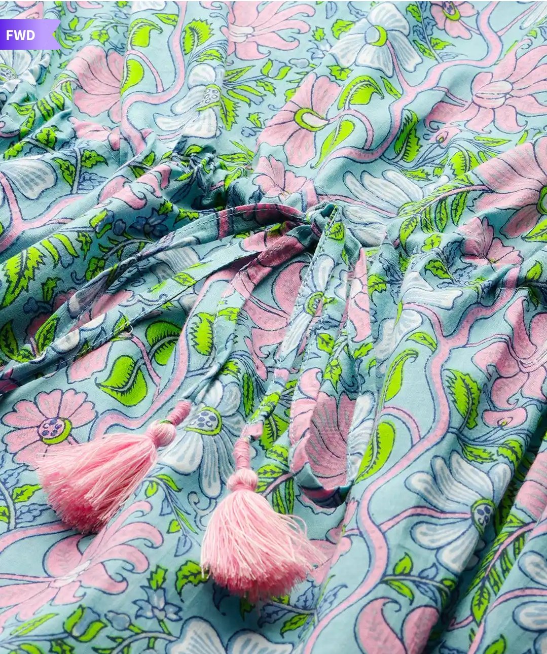 Sky Blue Floral Print Cotton Long Kaftan Dress