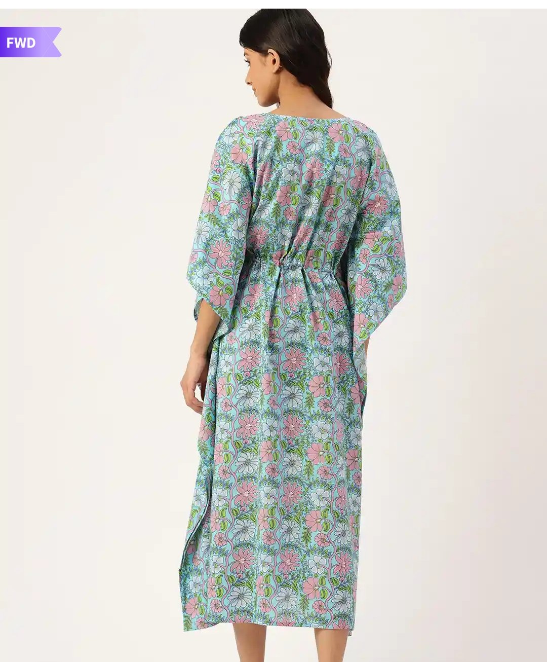 Sky Blue Floral Print Cotton Long Kaftan Dress