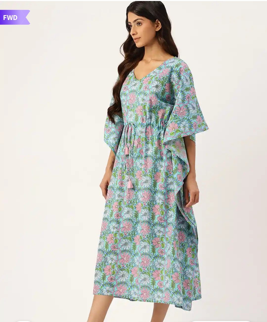 Sky Blue Floral Print Cotton Long Kaftan Dress