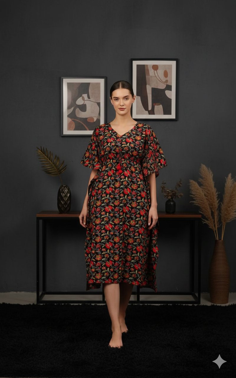 Black & Red Floral Print Long Cotton Kaftan Dress