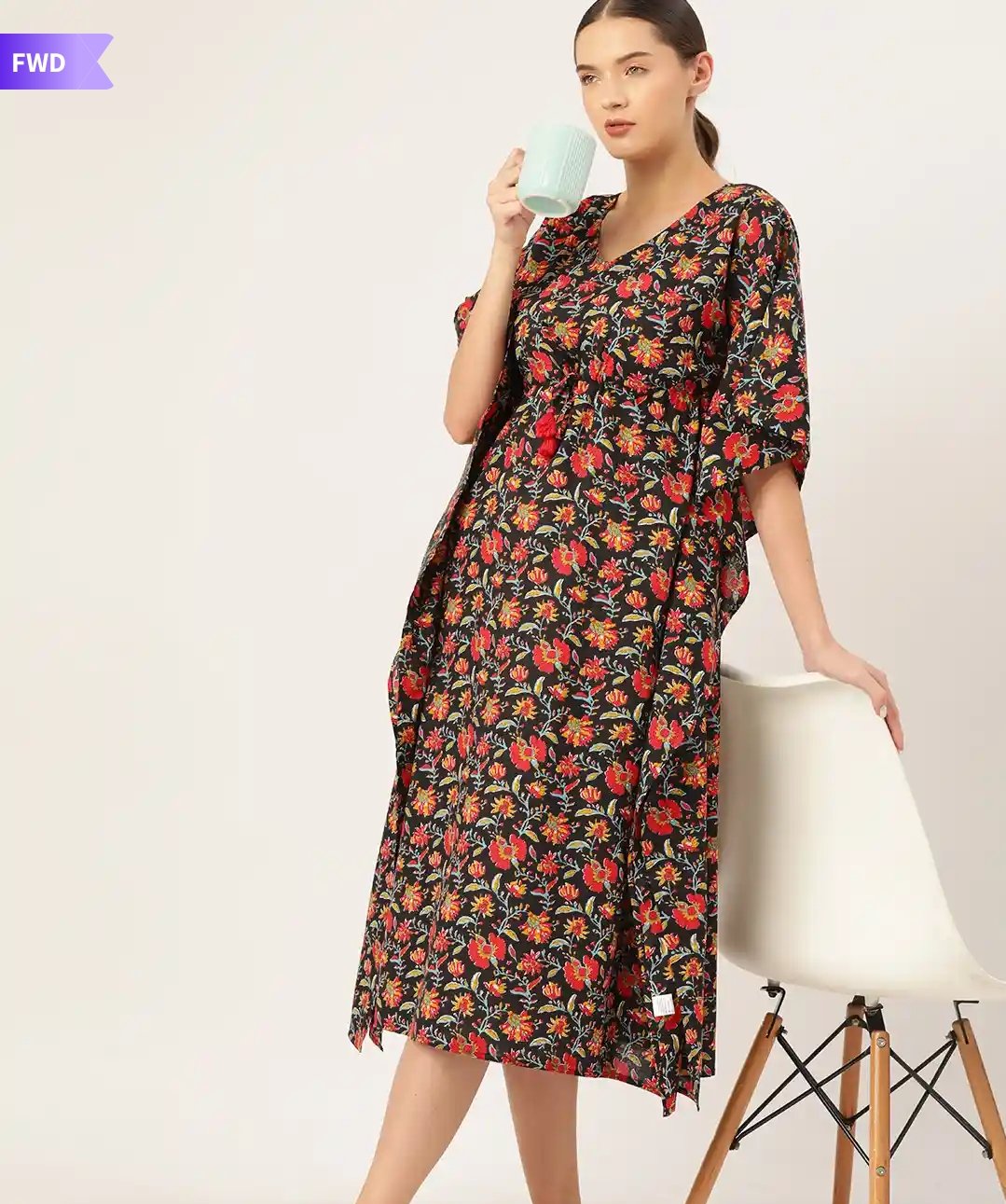 Black & Red Floral Print Long Cotton Kaftan Dress