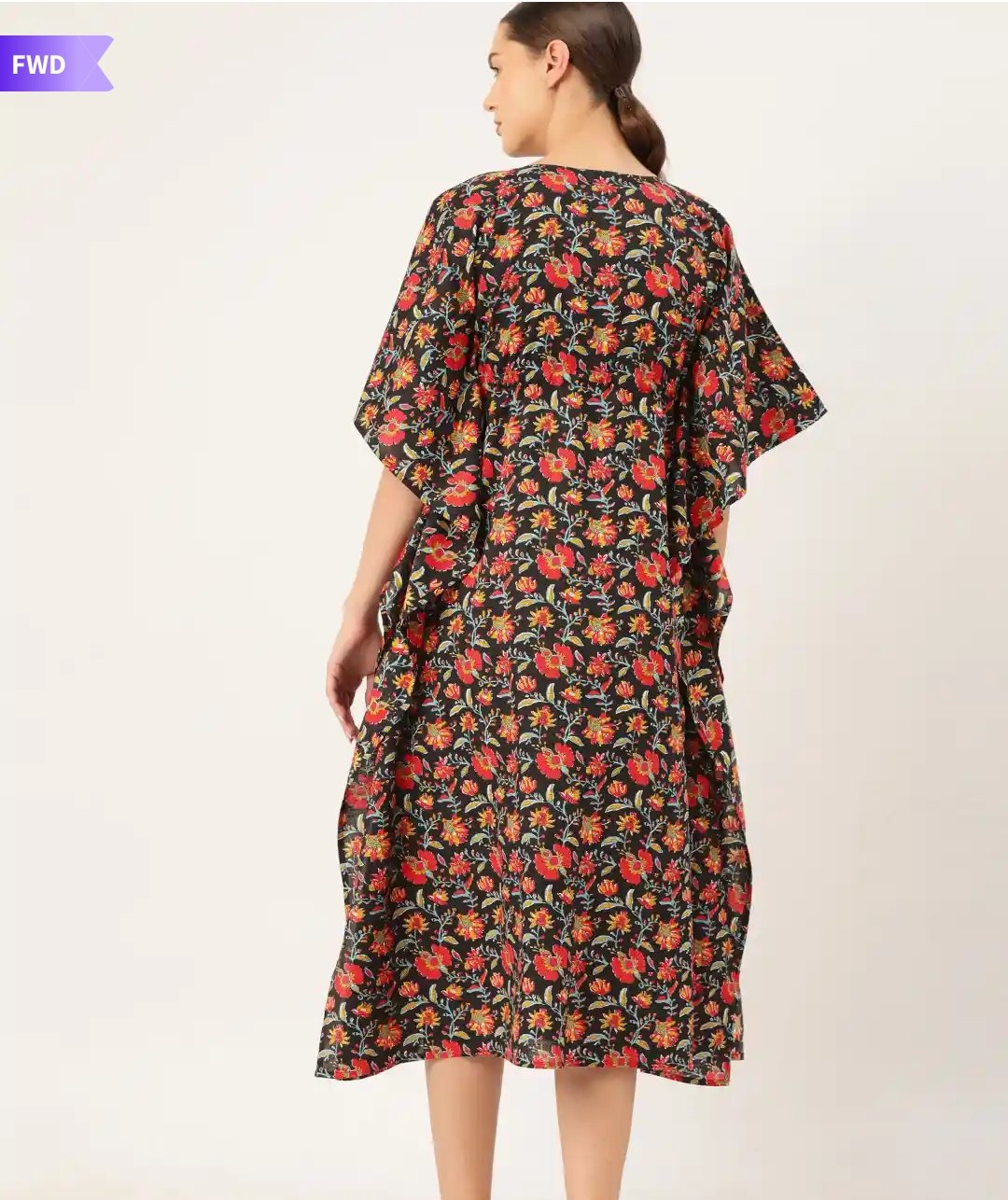 Black & Red Floral Print Long Cotton Kaftan Dress
