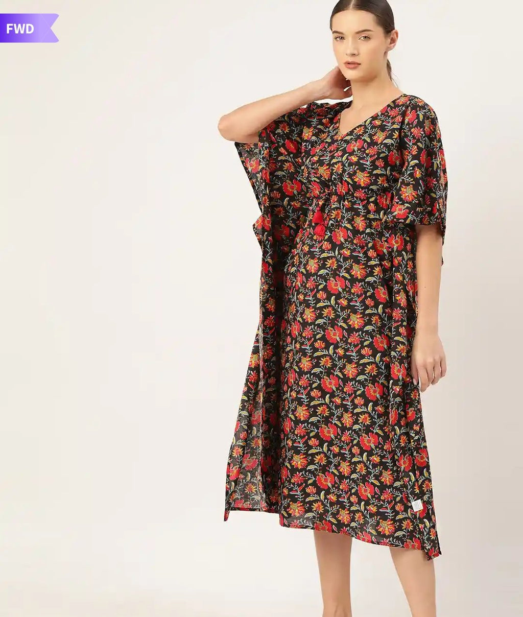 Black & Red Floral Print Long Cotton Kaftan Dress