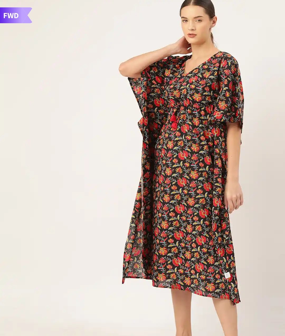 Black & Red Floral Print Long Cotton Kaftan Dress