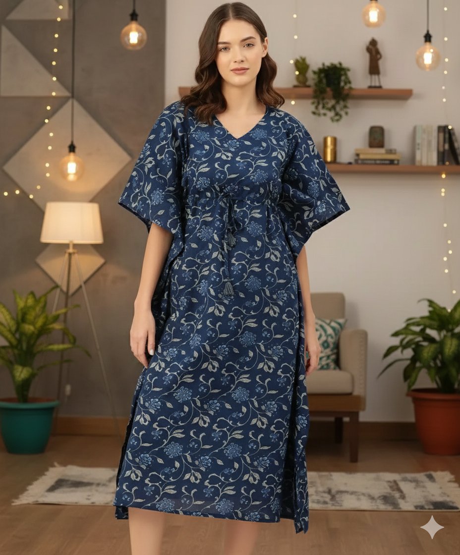 Indigo Blue Floral Print Cotton Long Kaftan Dress
