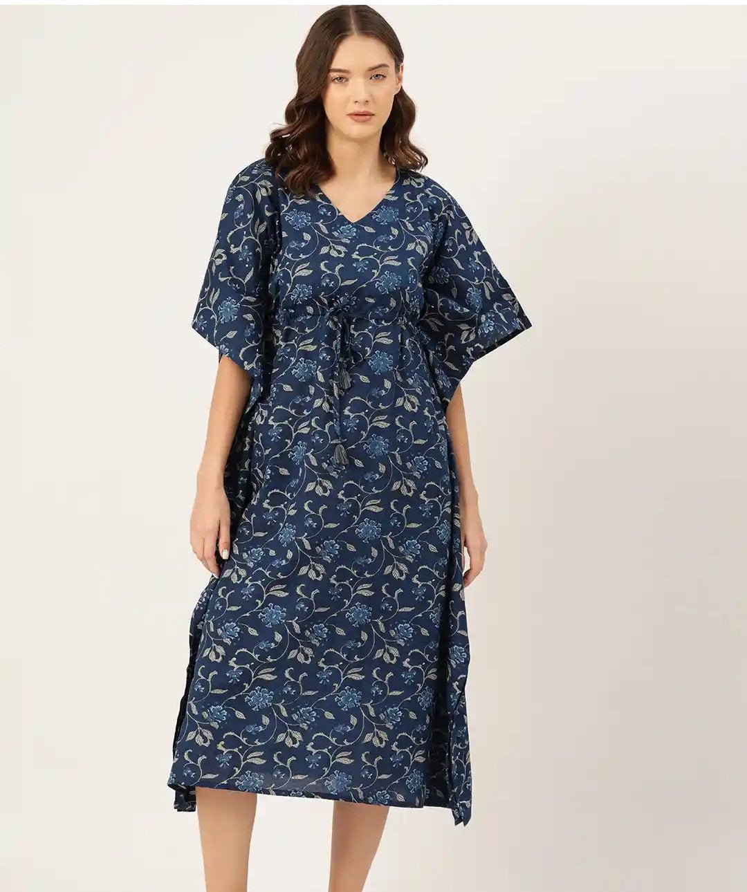 Indigo Blue Floral Print Cotton Long Kaftan Dress