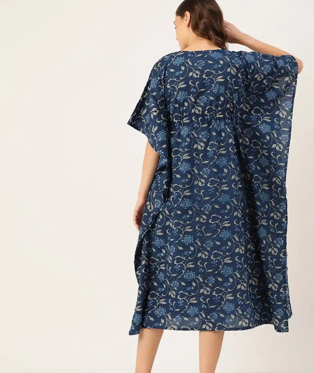 Indigo Blue Floral Print Cotton Long Kaftan Dress