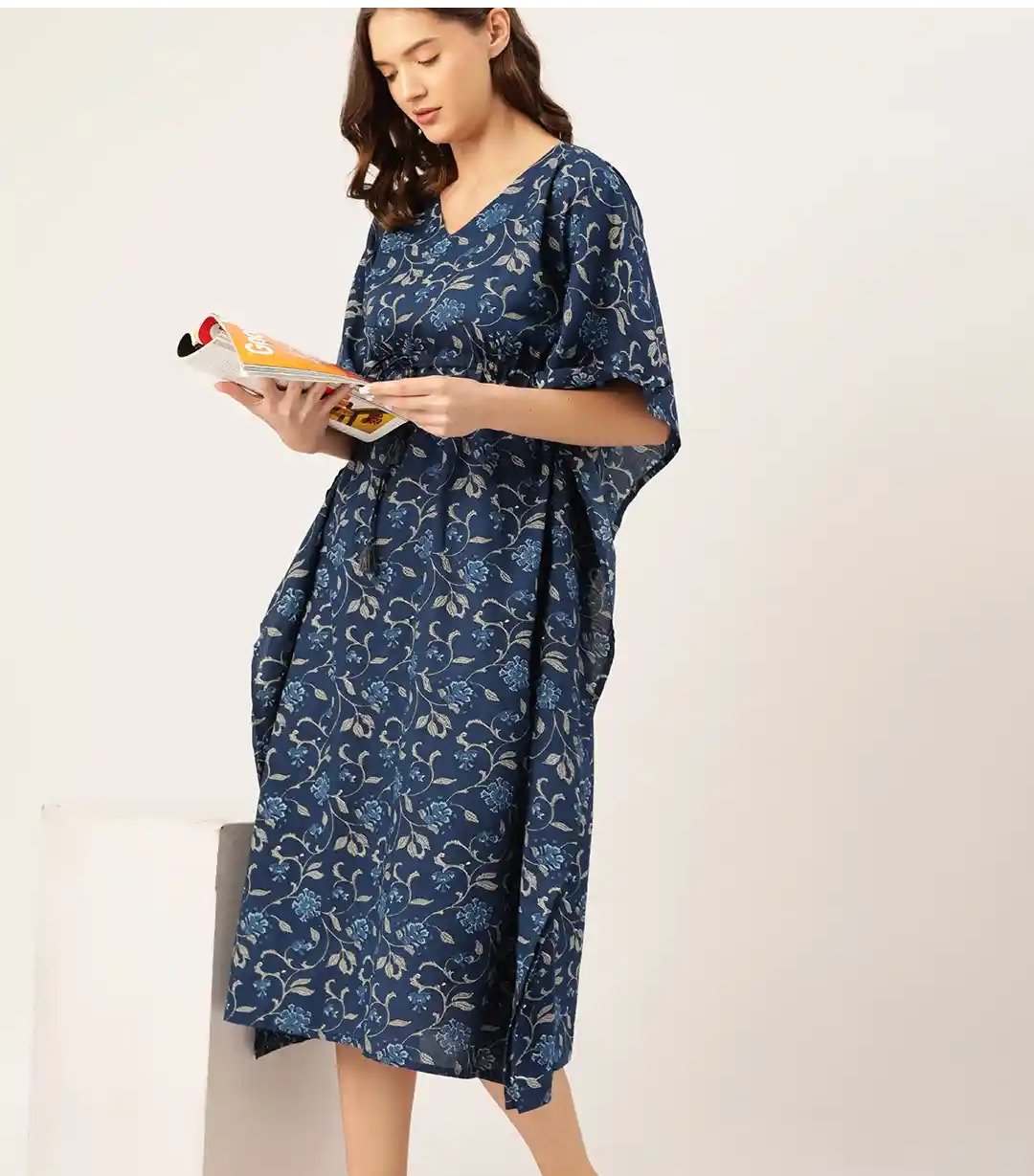 Indigo Blue Floral Print Cotton Long Kaftan Dress