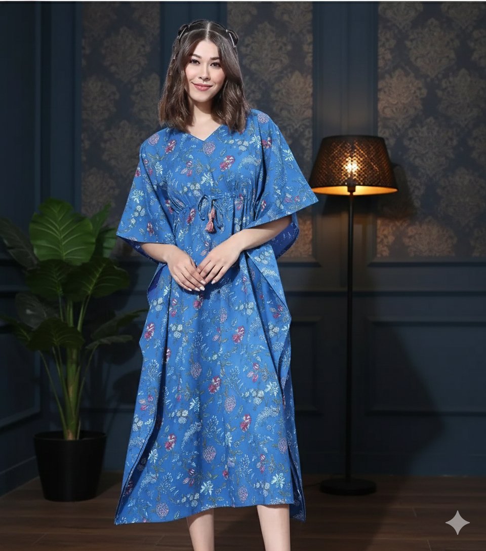 Blue Floral Printed Long Cotton Kaftan Dress with Drawstring Waist