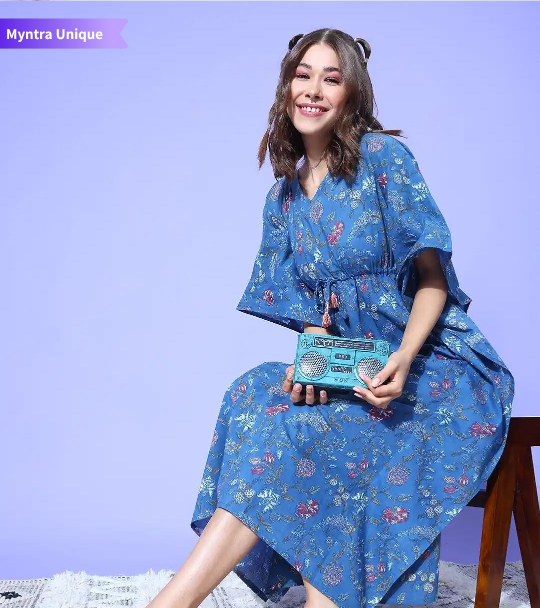 Blue Floral Printed Long Cotton Kaftan Dress with Drawstring Waist