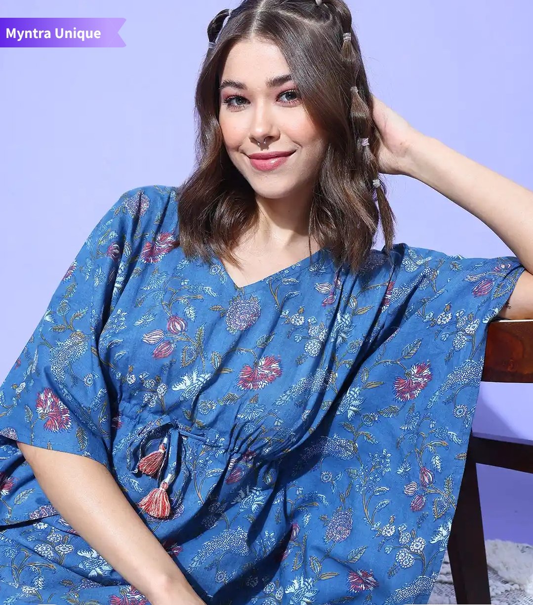 Blue Floral Printed Long Cotton Kaftan Dress with Drawstring Waist