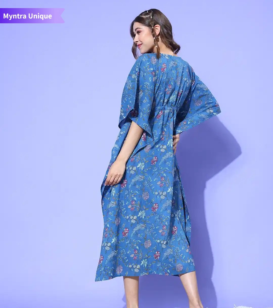 Blue Floral Printed Long Cotton Kaftan Dress with Drawstring Waist