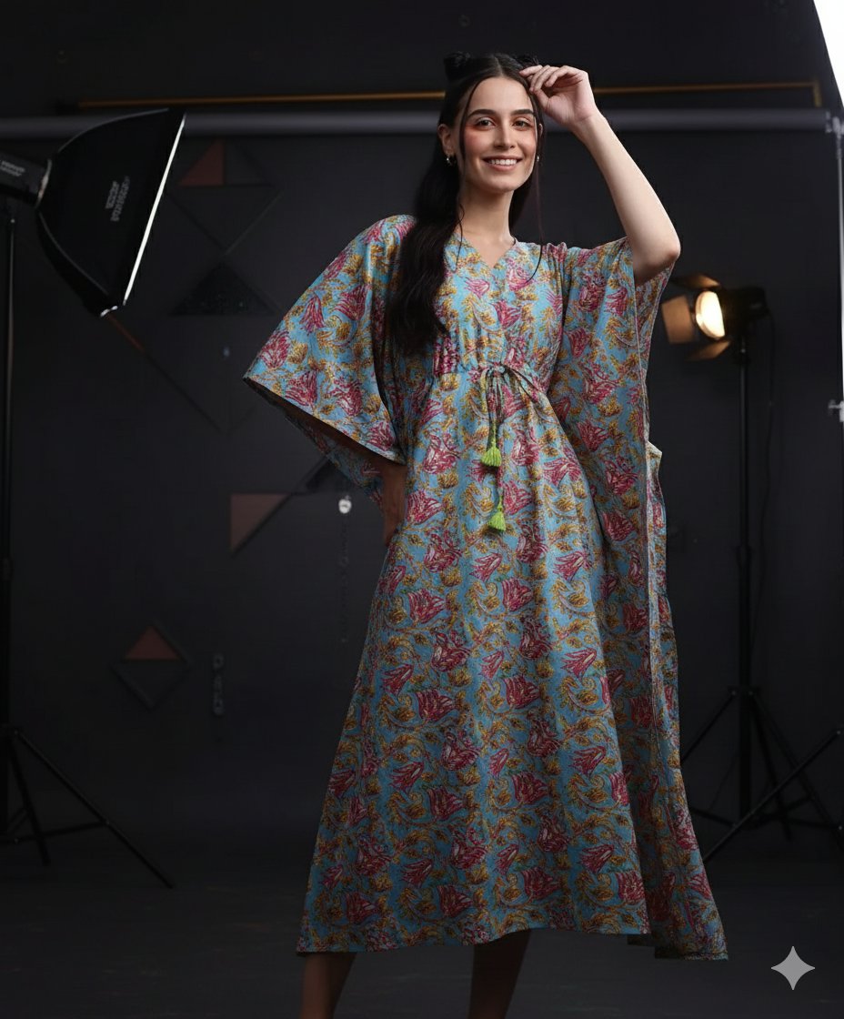 Sky Blue Jaipuri Floral Print Long Cotton Kaftan