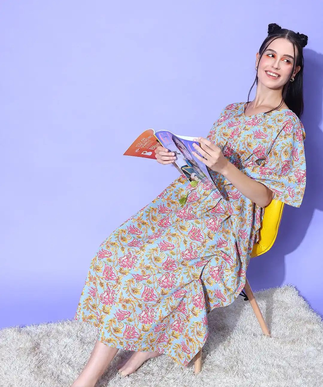 Sky Blue Jaipuri Floral Print Long Cotton Kaftan