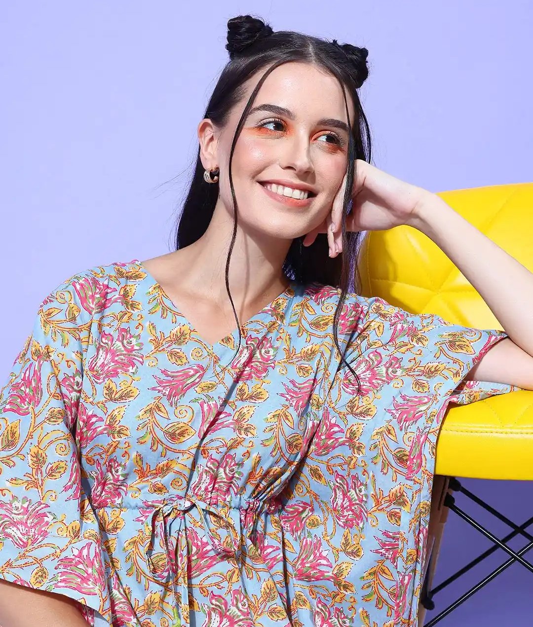 Sky Blue Jaipuri Floral Print Long Cotton Kaftan