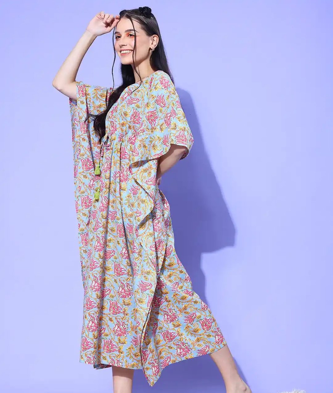 Sky Blue Jaipuri Floral Print Long Cotton Kaftan