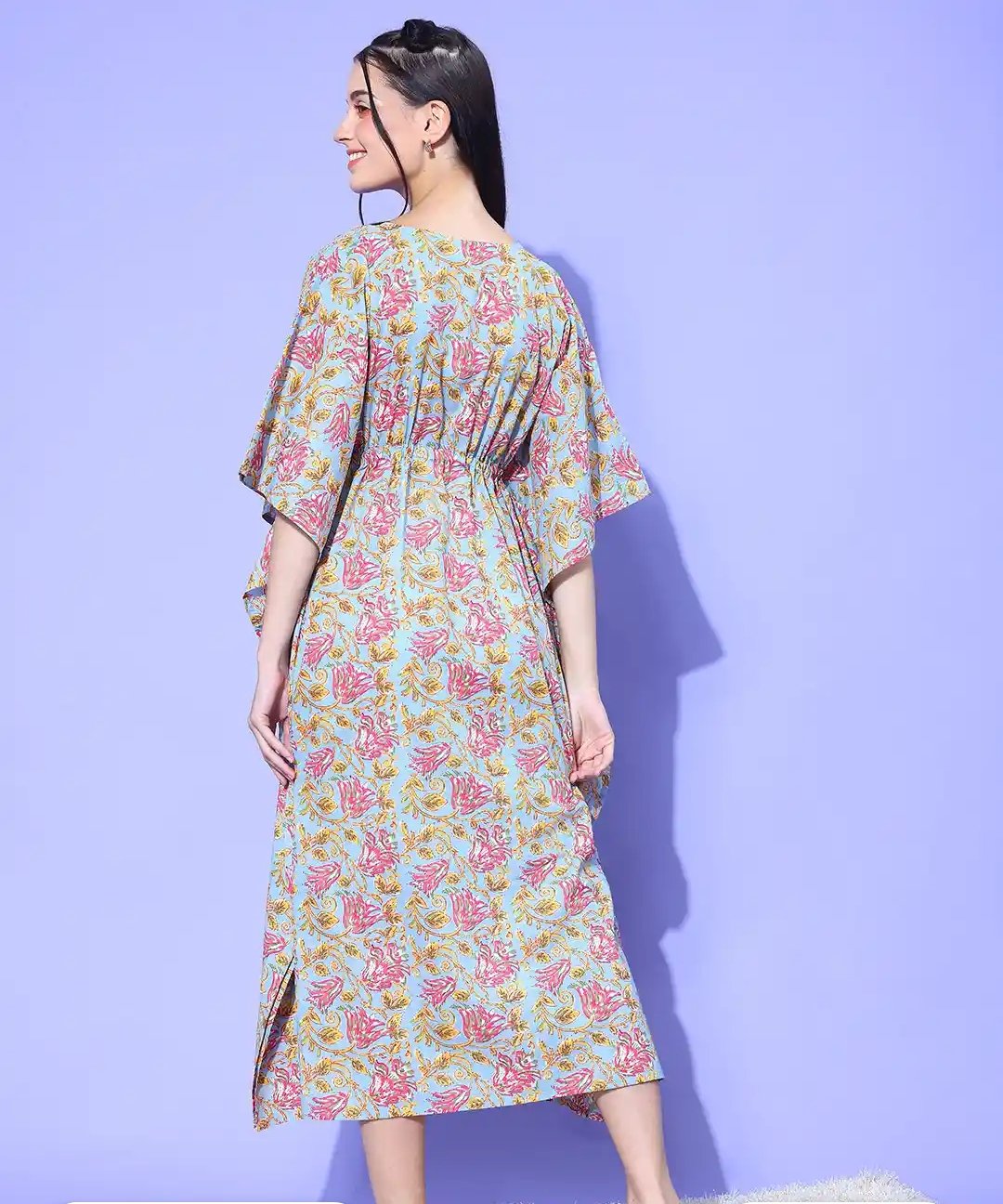 Sky Blue Jaipuri Floral Print Long Cotton Kaftan