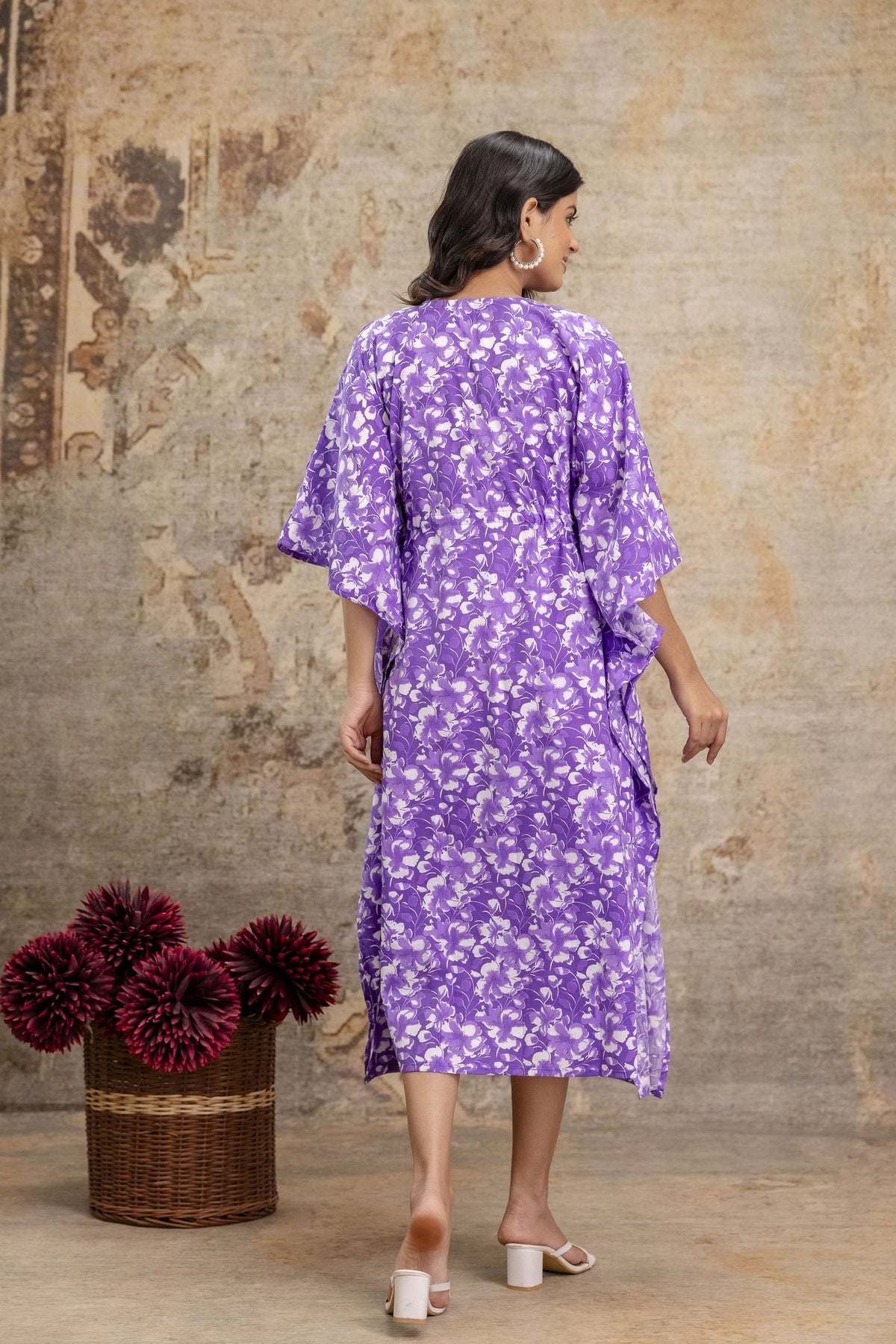 Purple Floral Print Long Cotton Kaftan Dress
