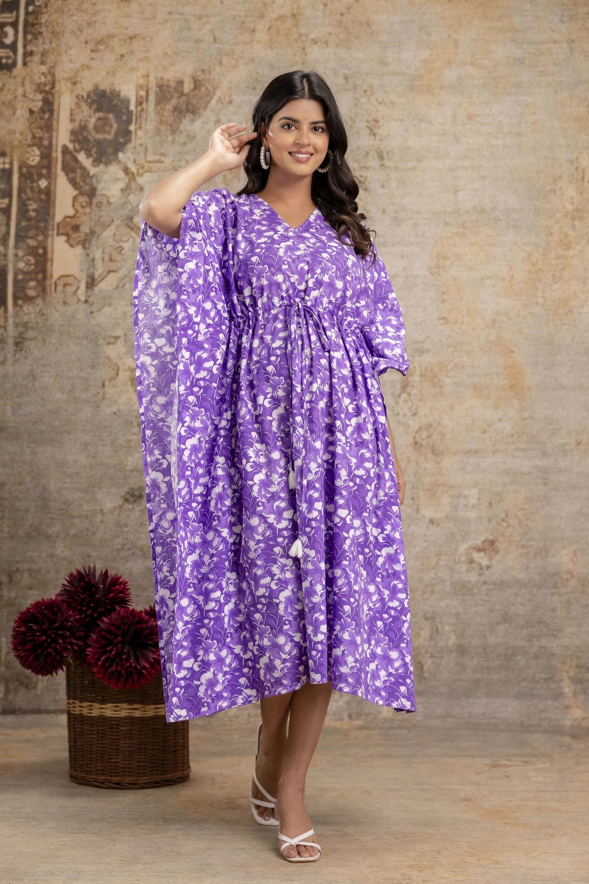 Purple Floral Print Long Cotton Kaftan Dress