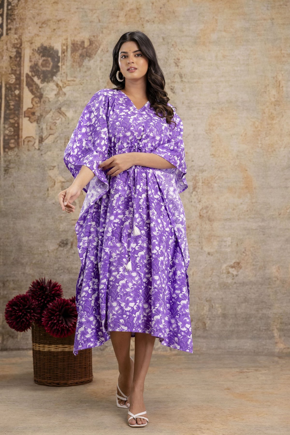 Purple Floral Print Long Cotton Kaftan Dress