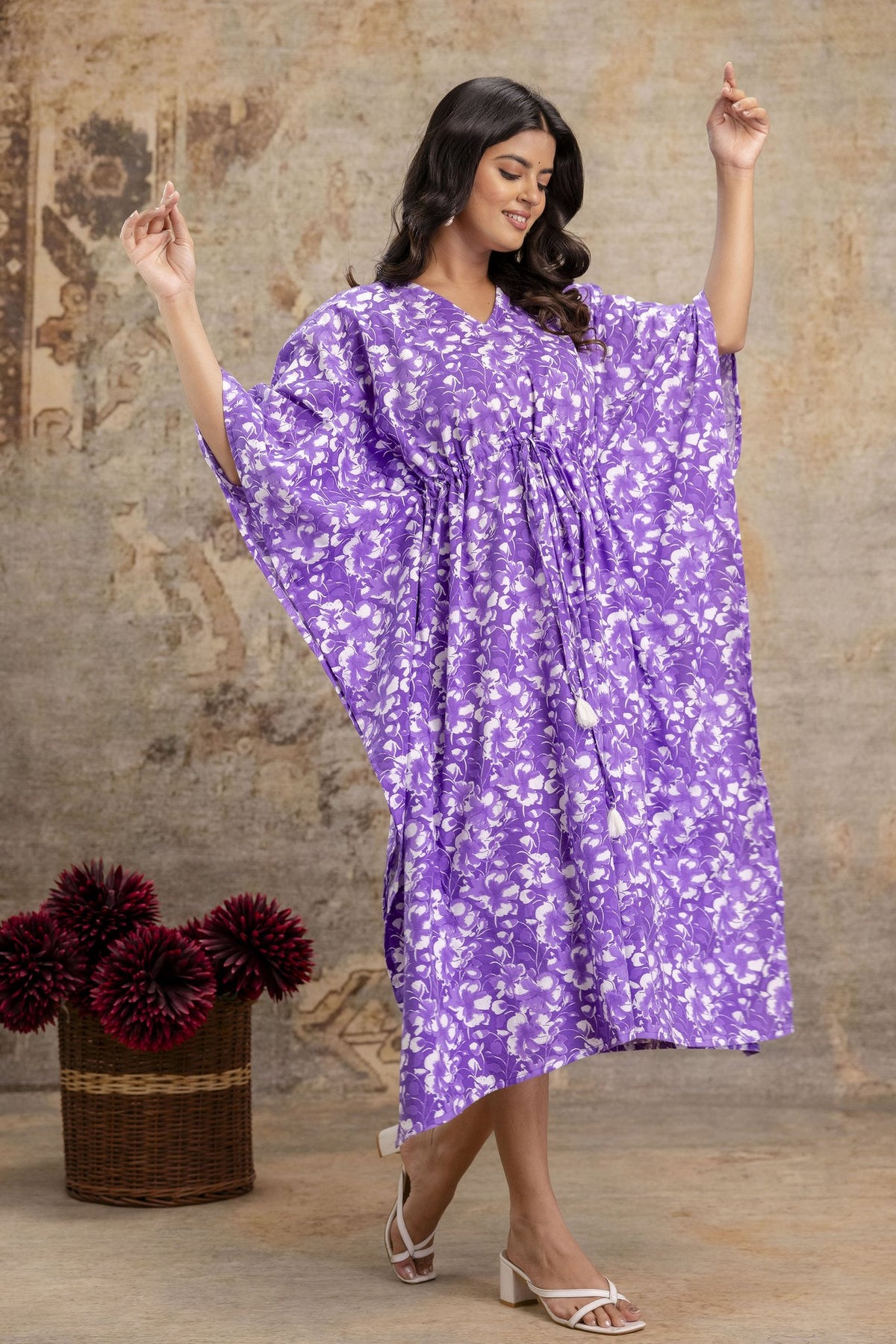 Purple Floral Print Long Cotton Kaftan Dress