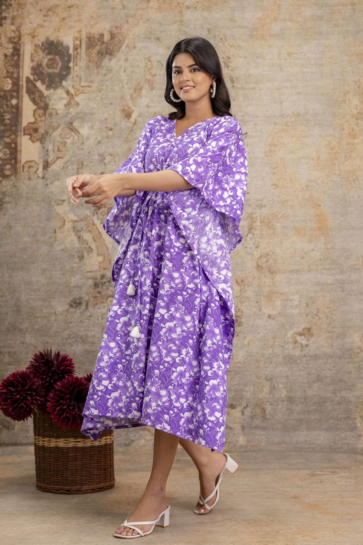 Purple Floral Print Long Cotton Kaftan Dress