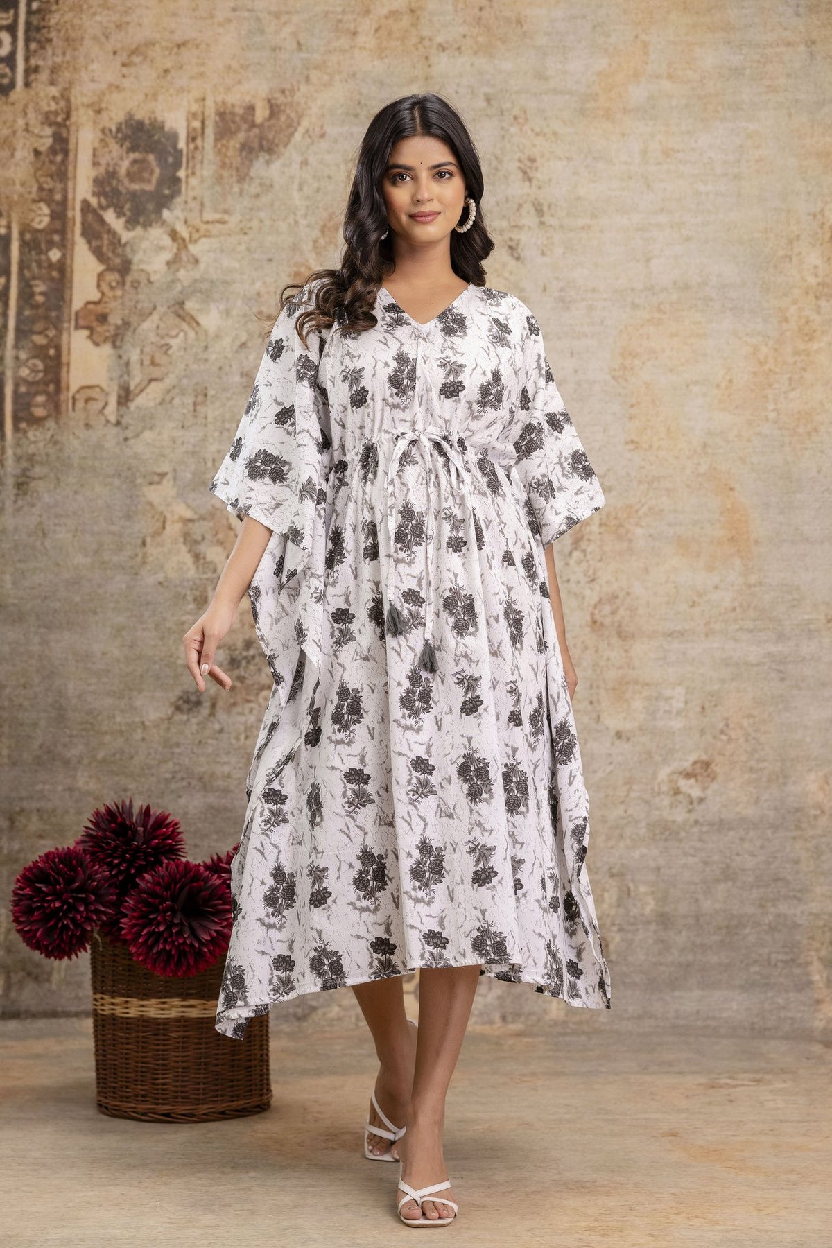 Jaipuri Floral Print Long Cotton Kaftan Dress
