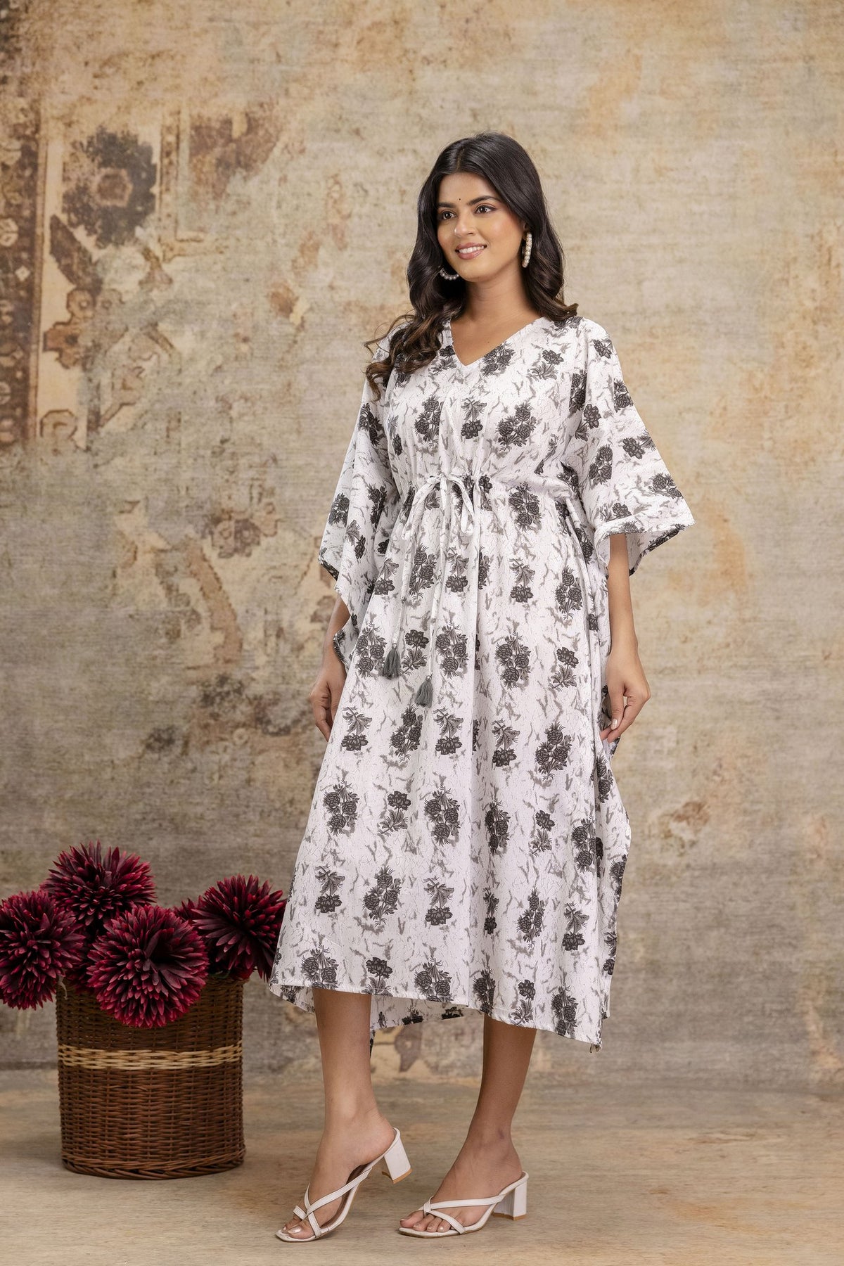 Jaipuri Floral Print Long Cotton Kaftan Dress