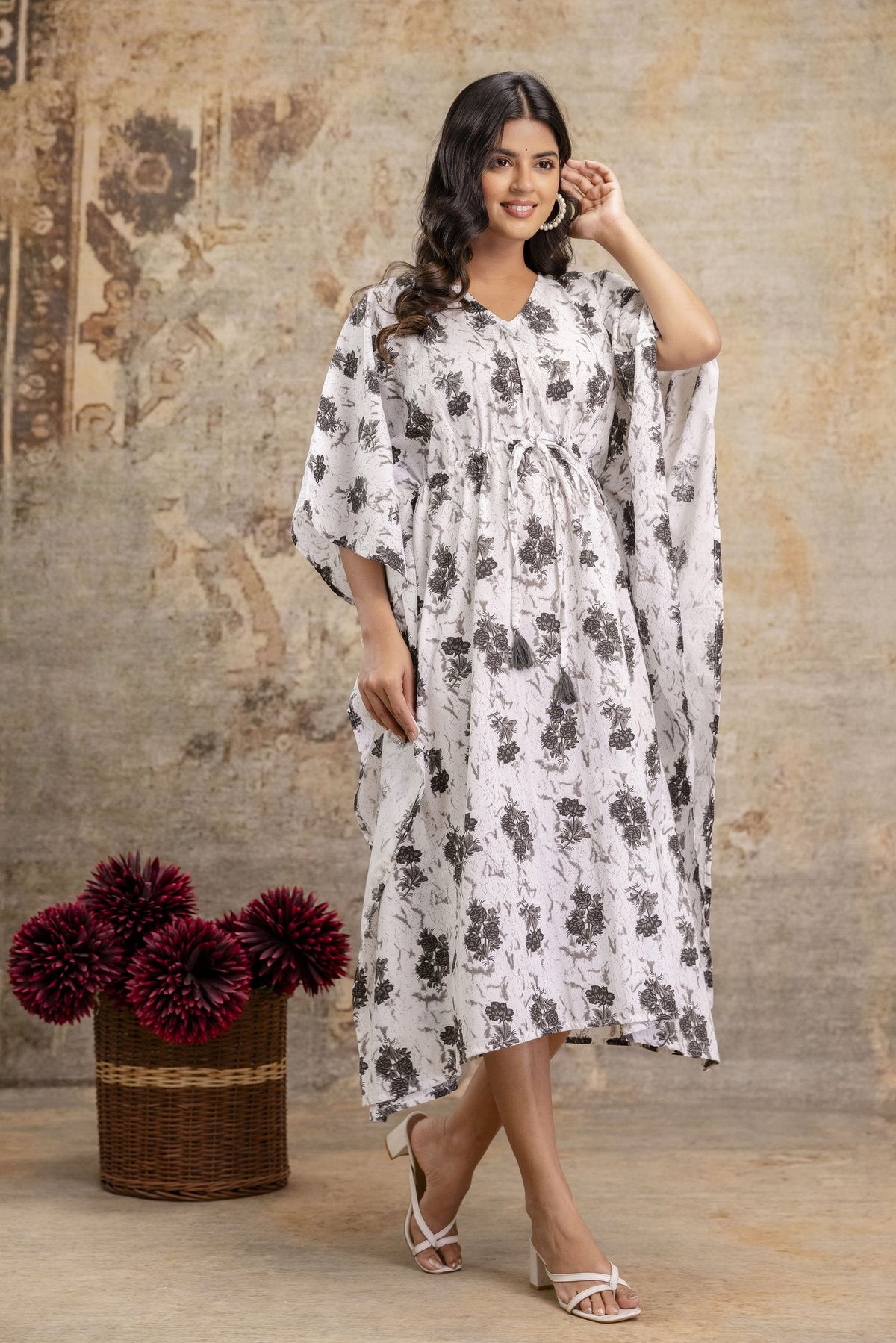 Jaipuri Floral Print Long Cotton Kaftan Dress