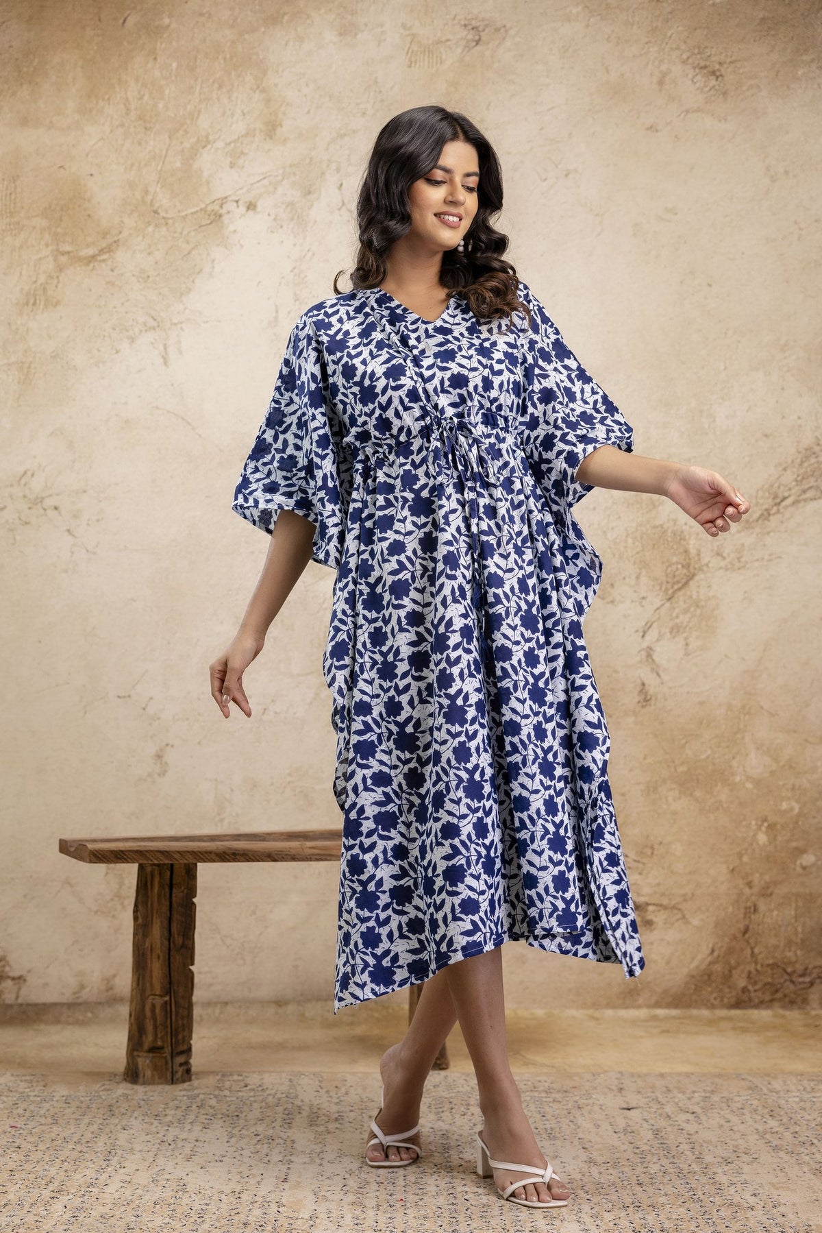 Navy Blue & White Floral Print Long Cotton Kaftan