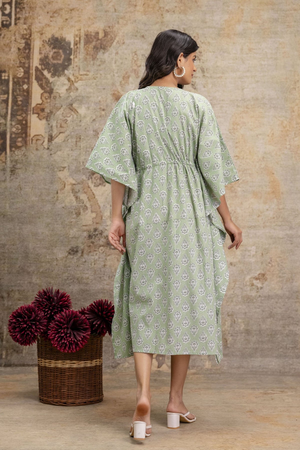 Sage Green Cotton Block Print Long Kaftan