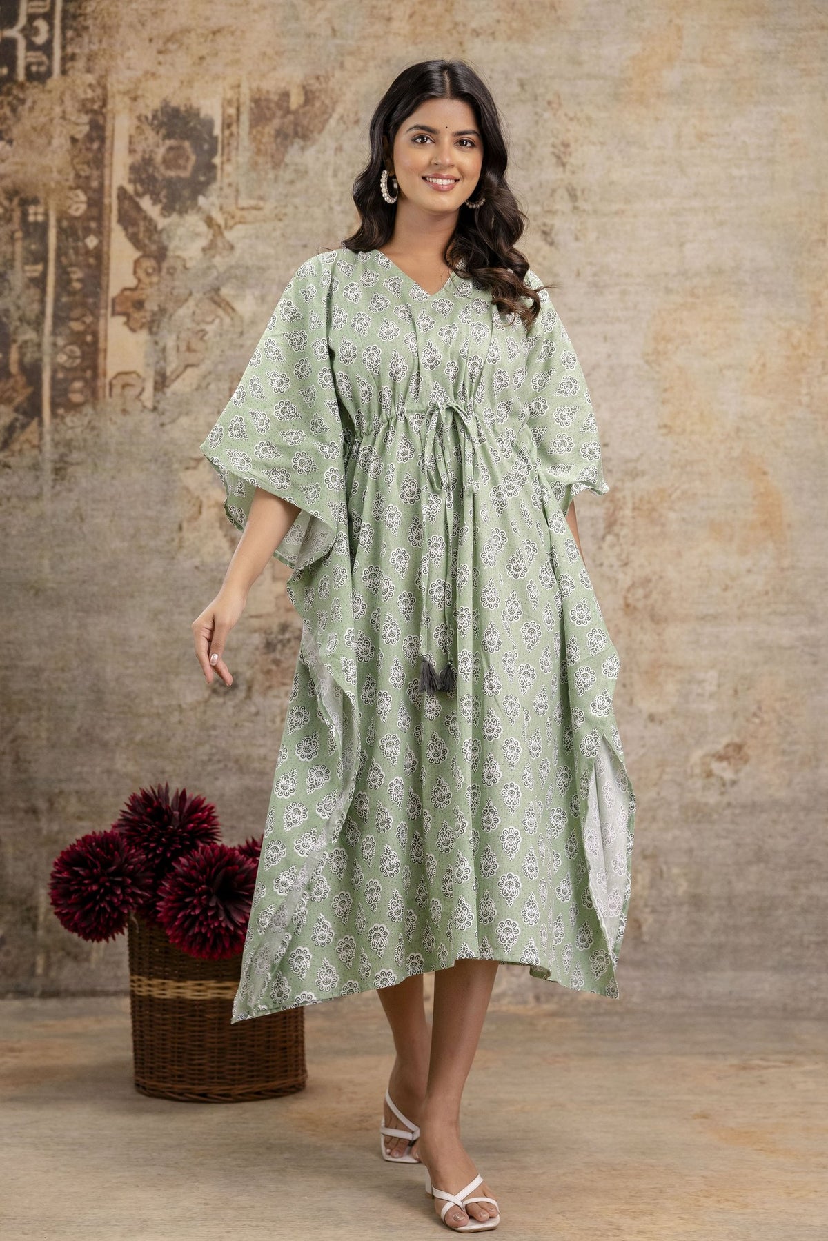 Sage Green Cotton Block Print Long Kaftan
