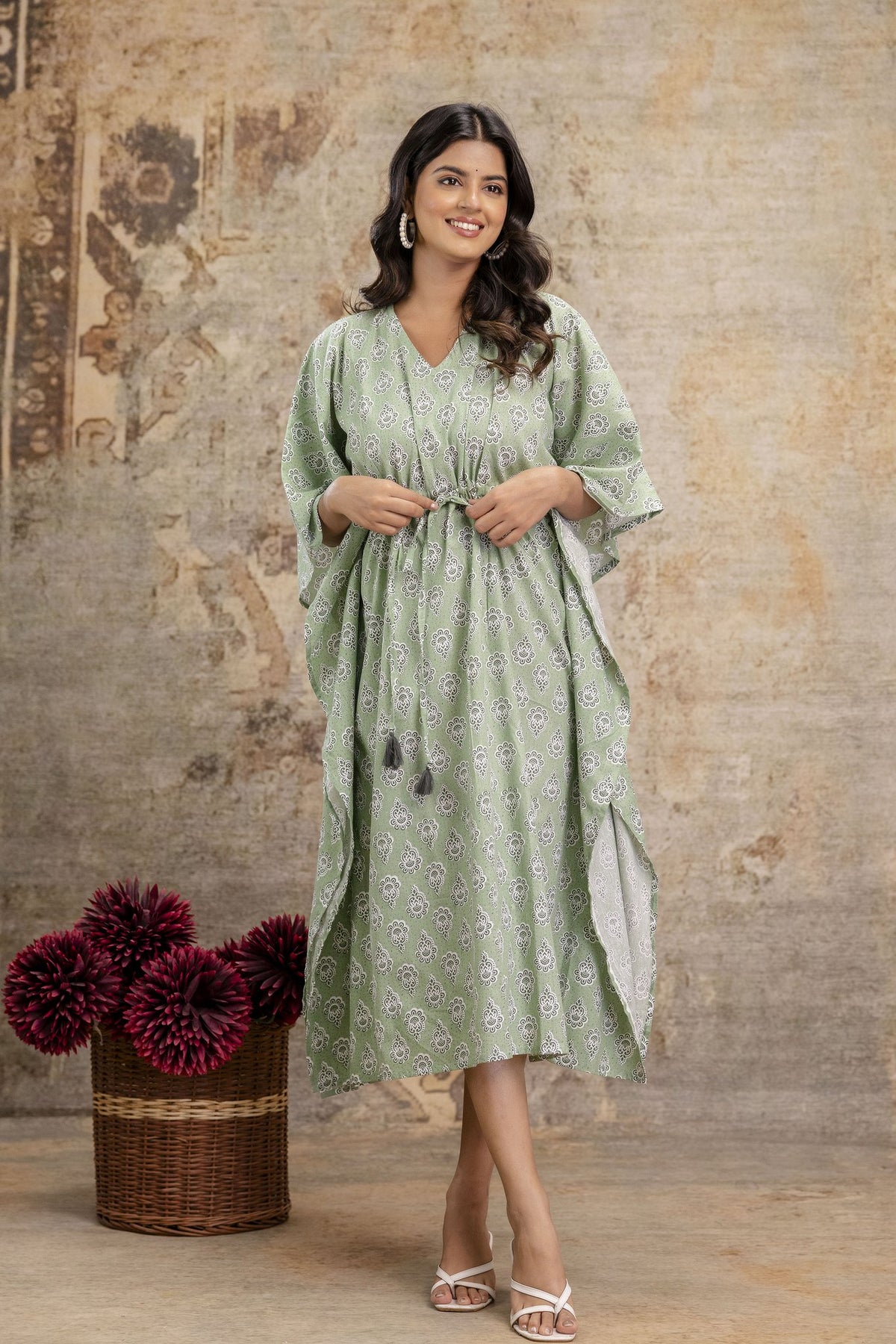 Sage Green Cotton Block Print Long Kaftan