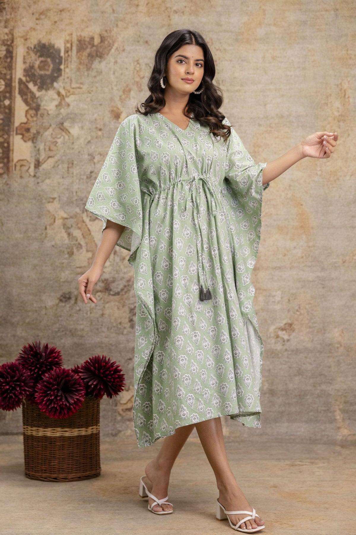 Sage Green Cotton Block Print Long Kaftan