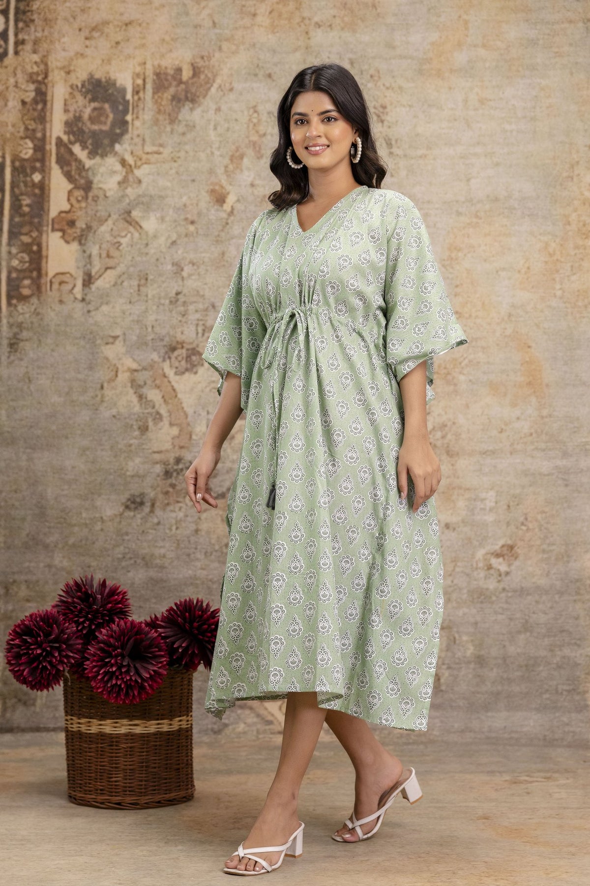 Sage Green Cotton Block Print Long Kaftan