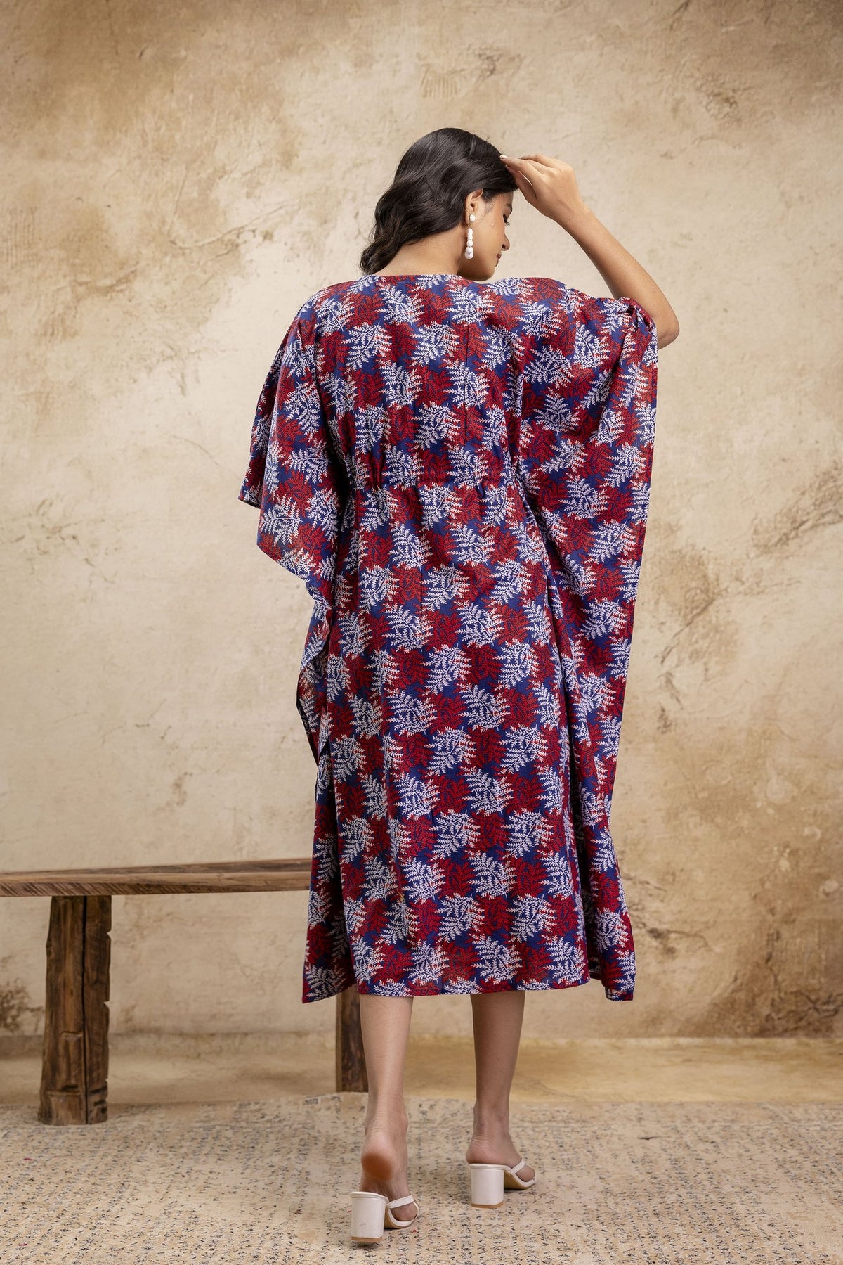 Maroon & Blue Leaf Print Long Cotton Kaftan Dress