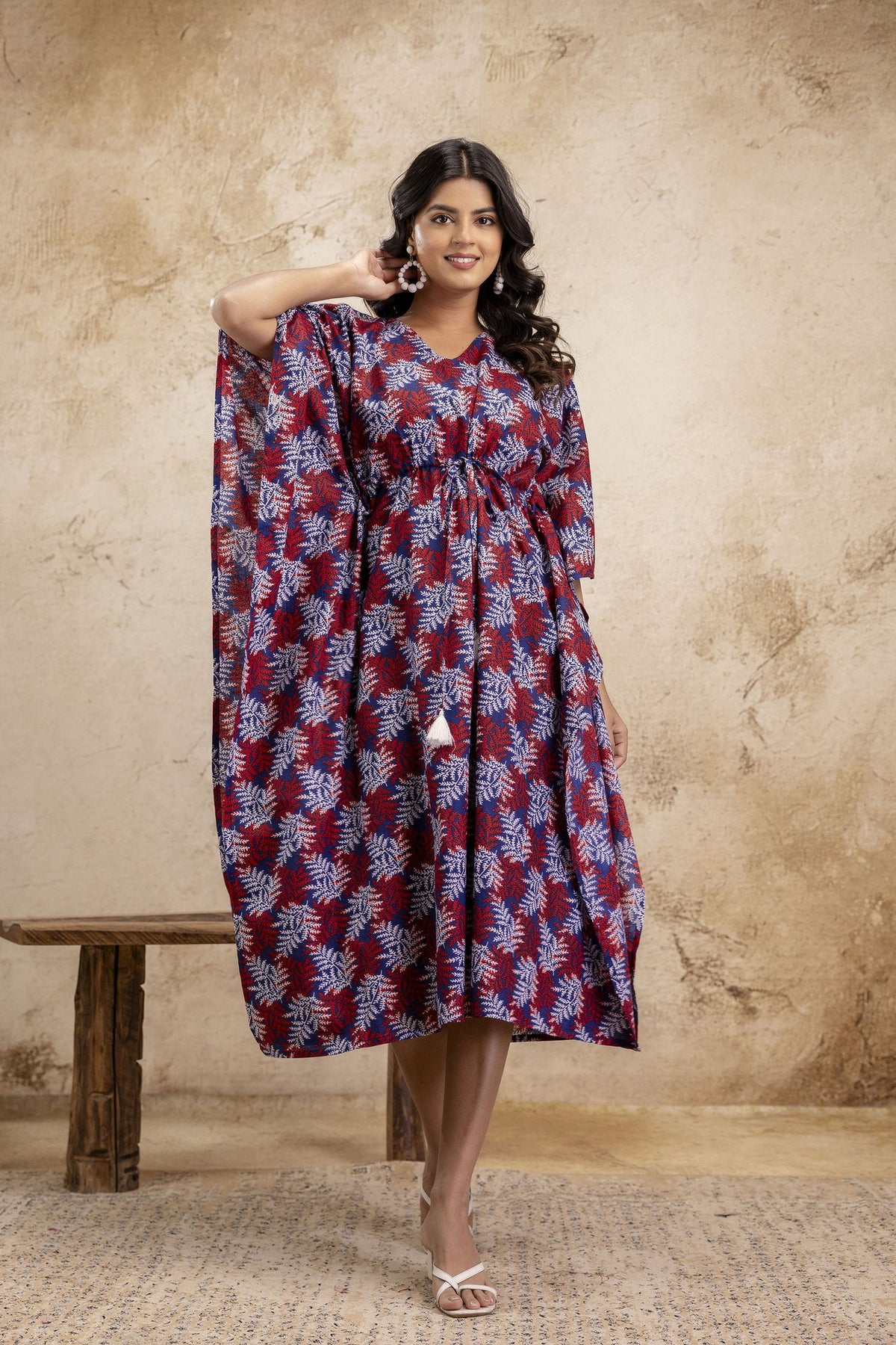 Maroon & Blue Leaf Print Long Cotton Kaftan Dress