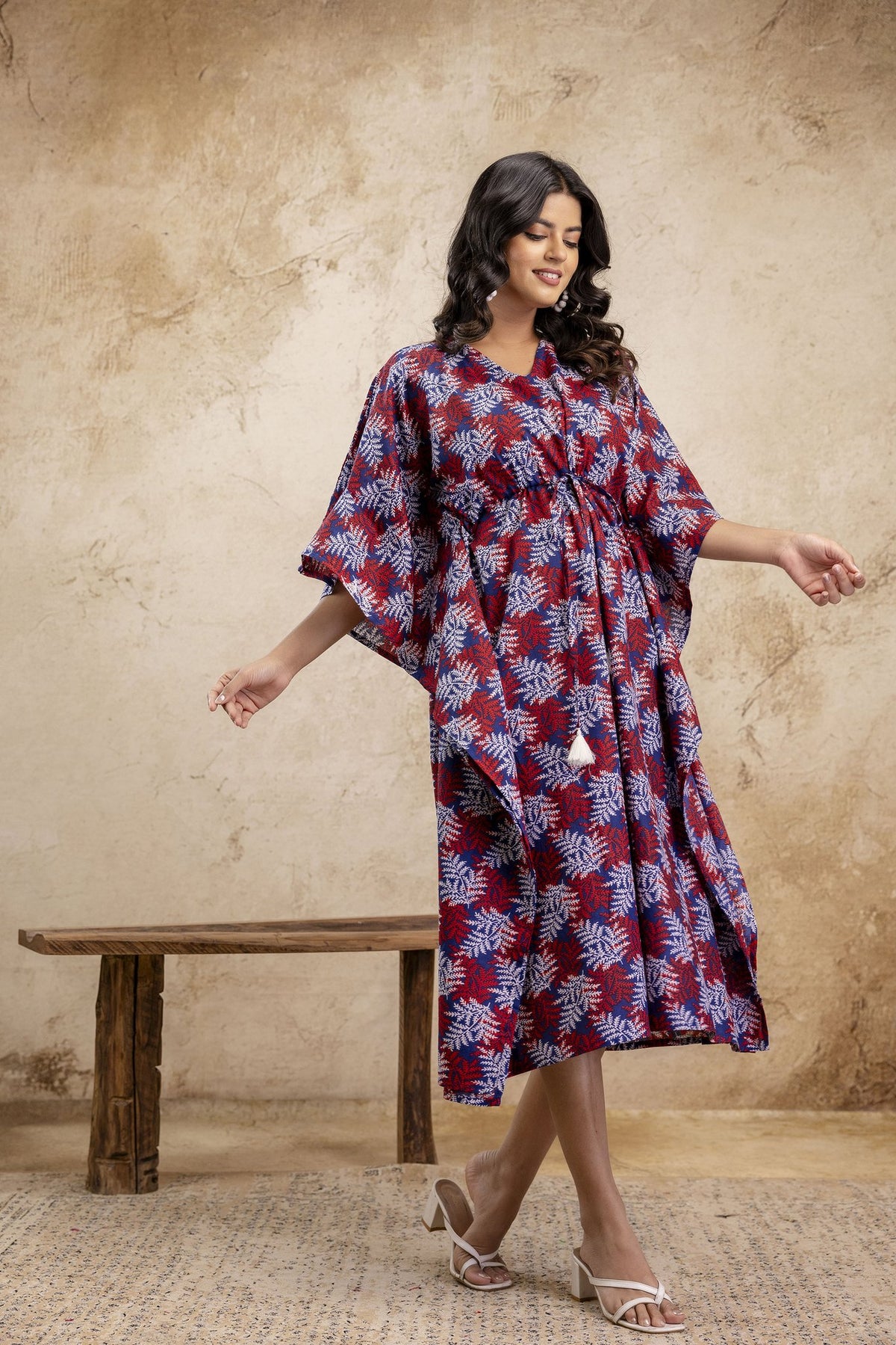 Maroon & Blue Leaf Print Long Cotton Kaftan Dress