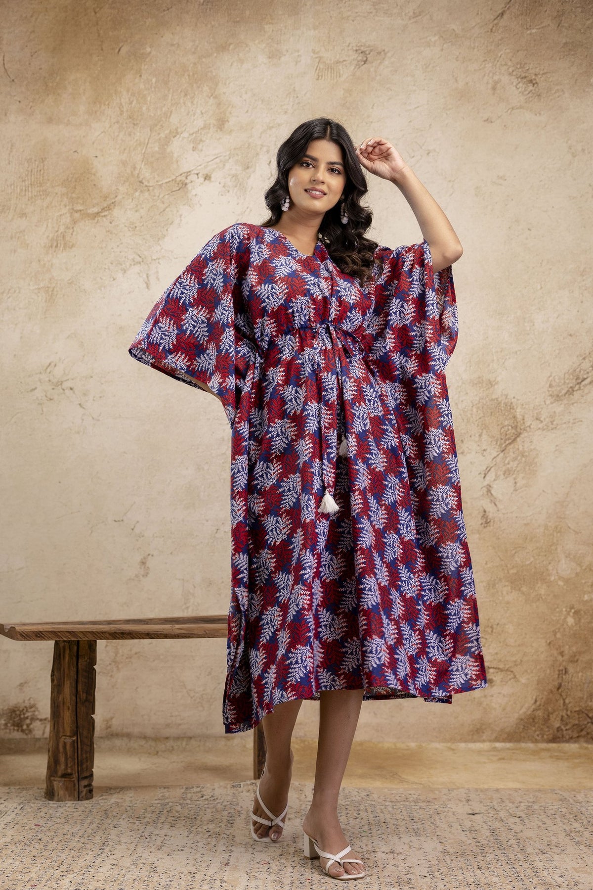 Maroon & Blue Leaf Print Long Cotton Kaftan Dress