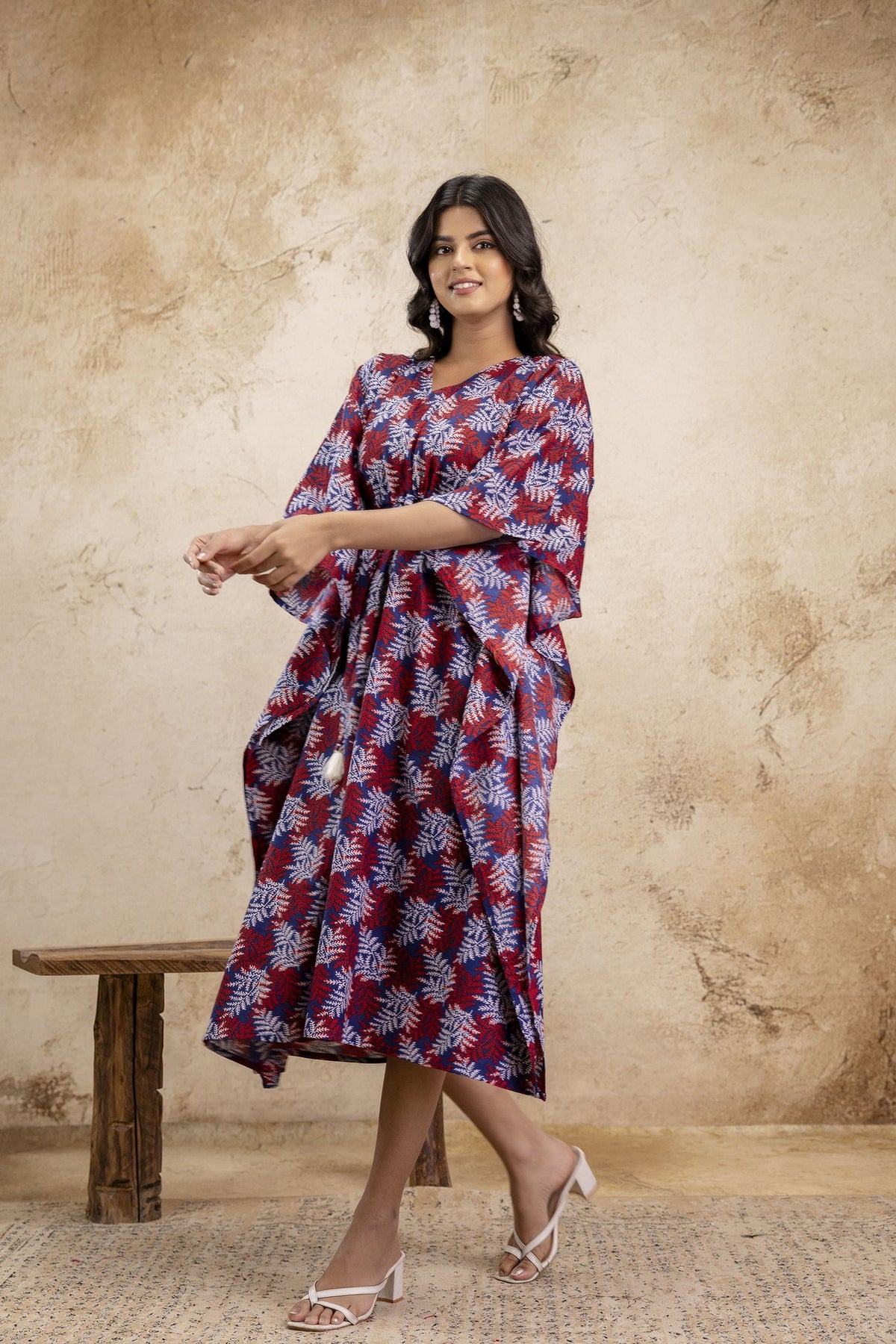 Maroon & Blue Leaf Print Long Cotton Kaftan Dress