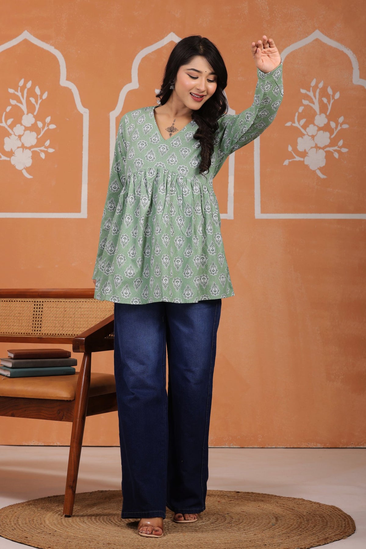 Sage Green Printed V-Neck Cotton Tunic Top