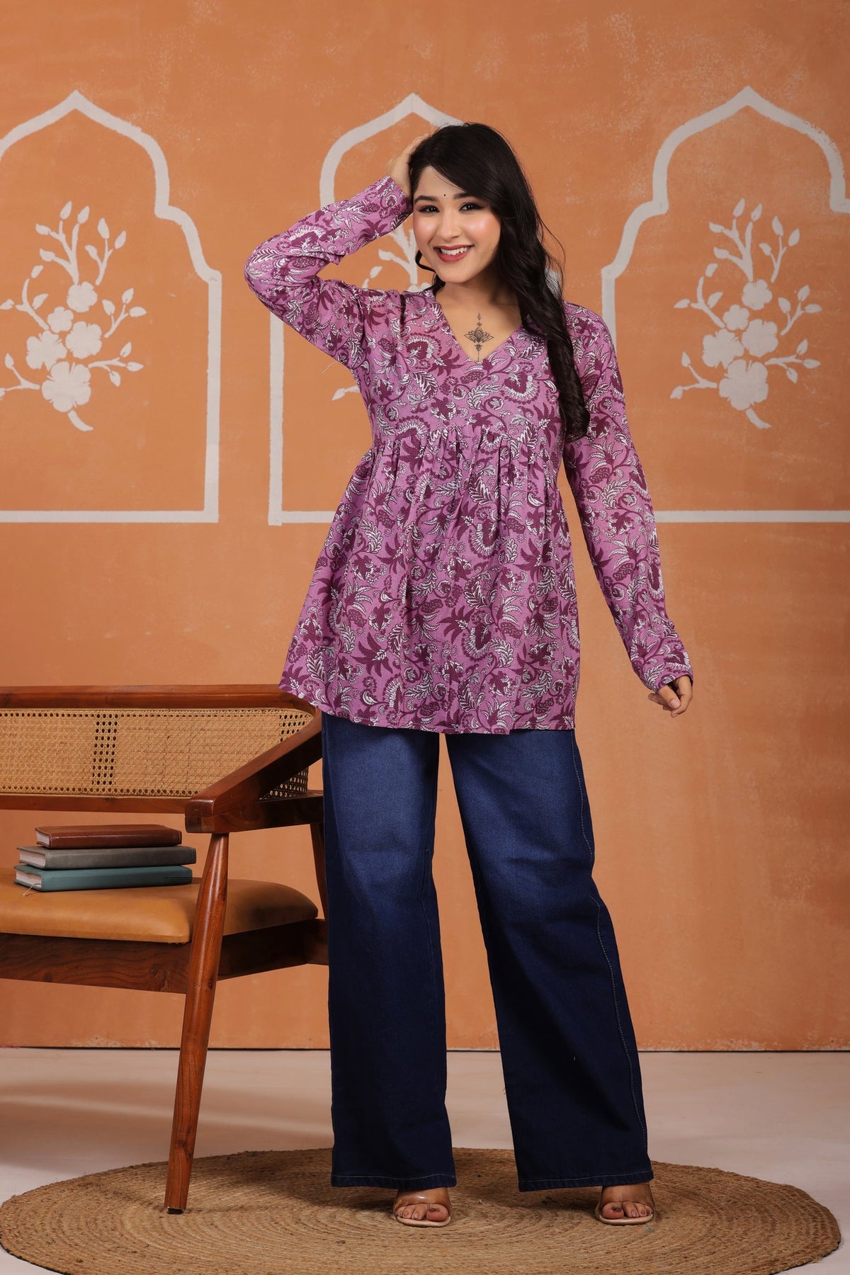 V-Neck Printed Cotton Tunic Top with Long Sleeves