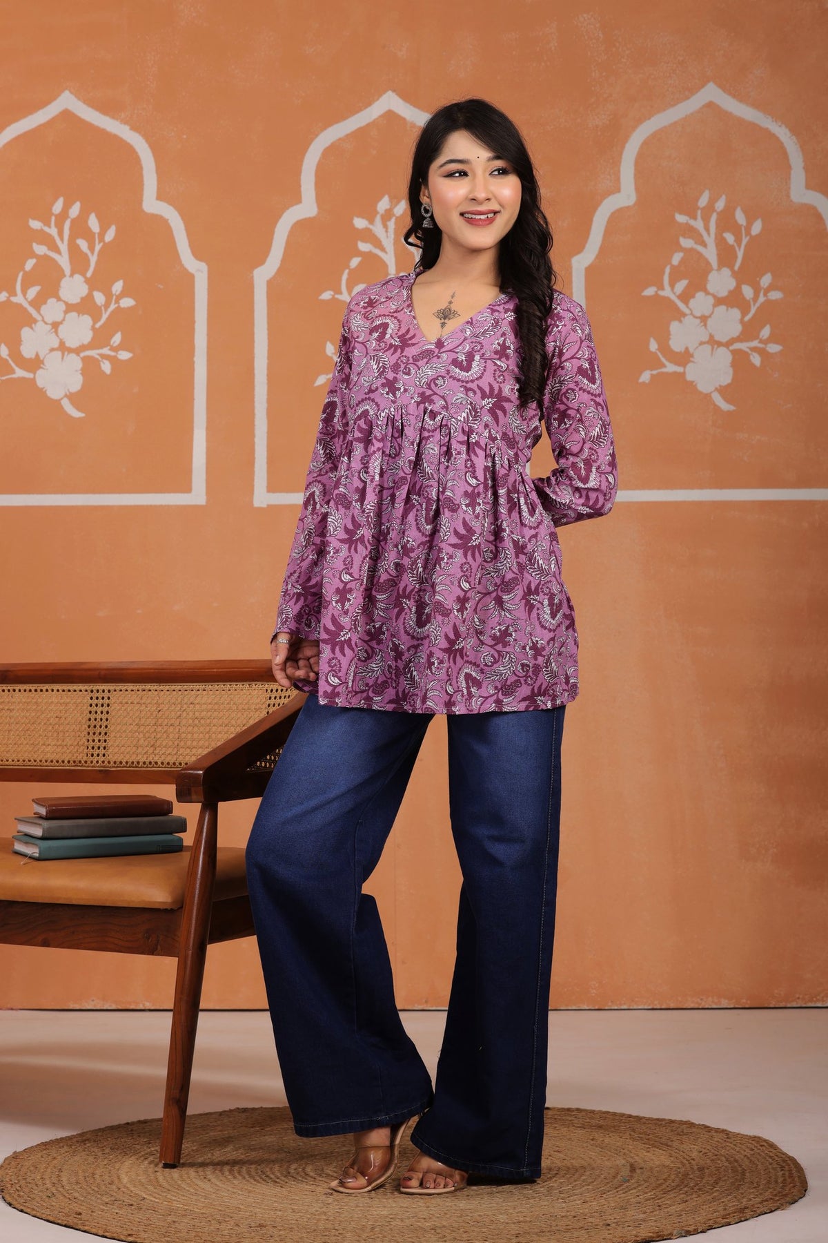 V-Neck Printed Cotton Tunic Top with Long Sleeves
