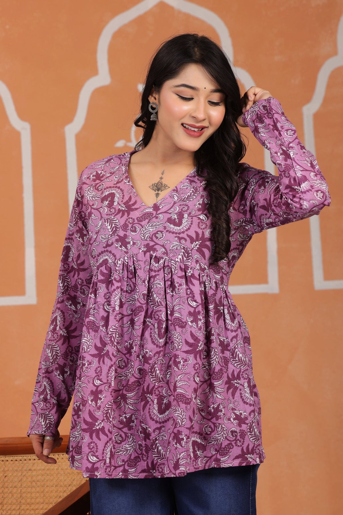 V-Neck Printed Cotton Tunic Top with Long Sleeves