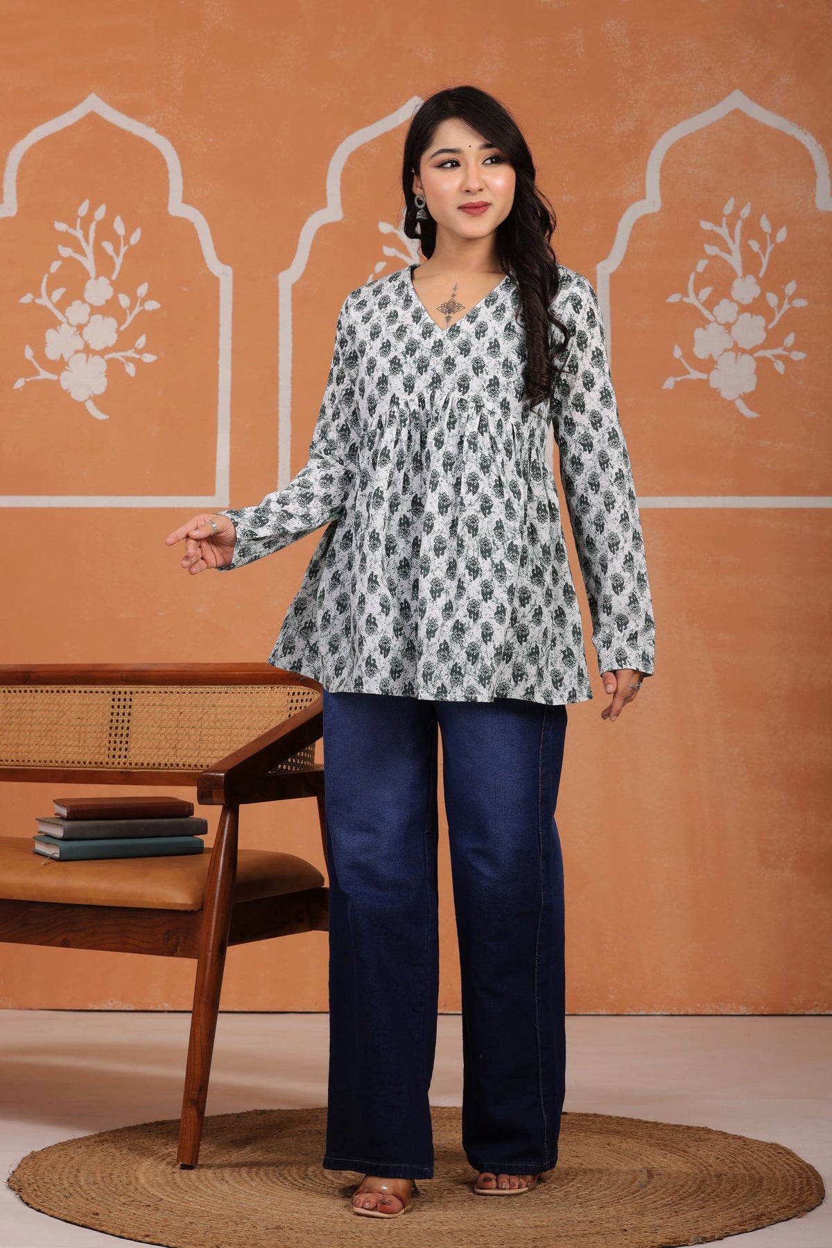 V-Neck Printed Cotton Tunic Short Kurti
