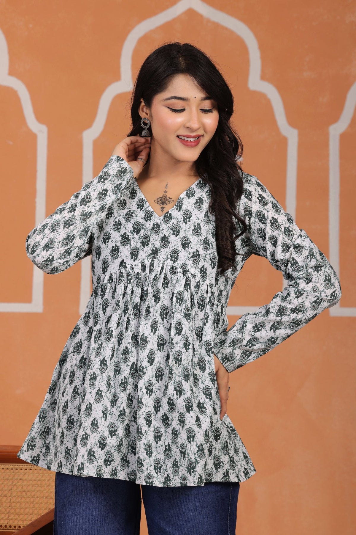 V-Neck Printed Cotton Tunic Short Kurti